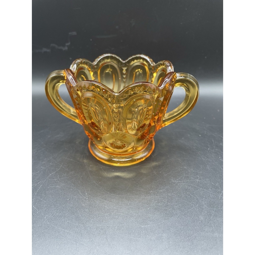 Vintage LE Smith Moon & Stars Amber Glass Open Sugar Bowl 3"